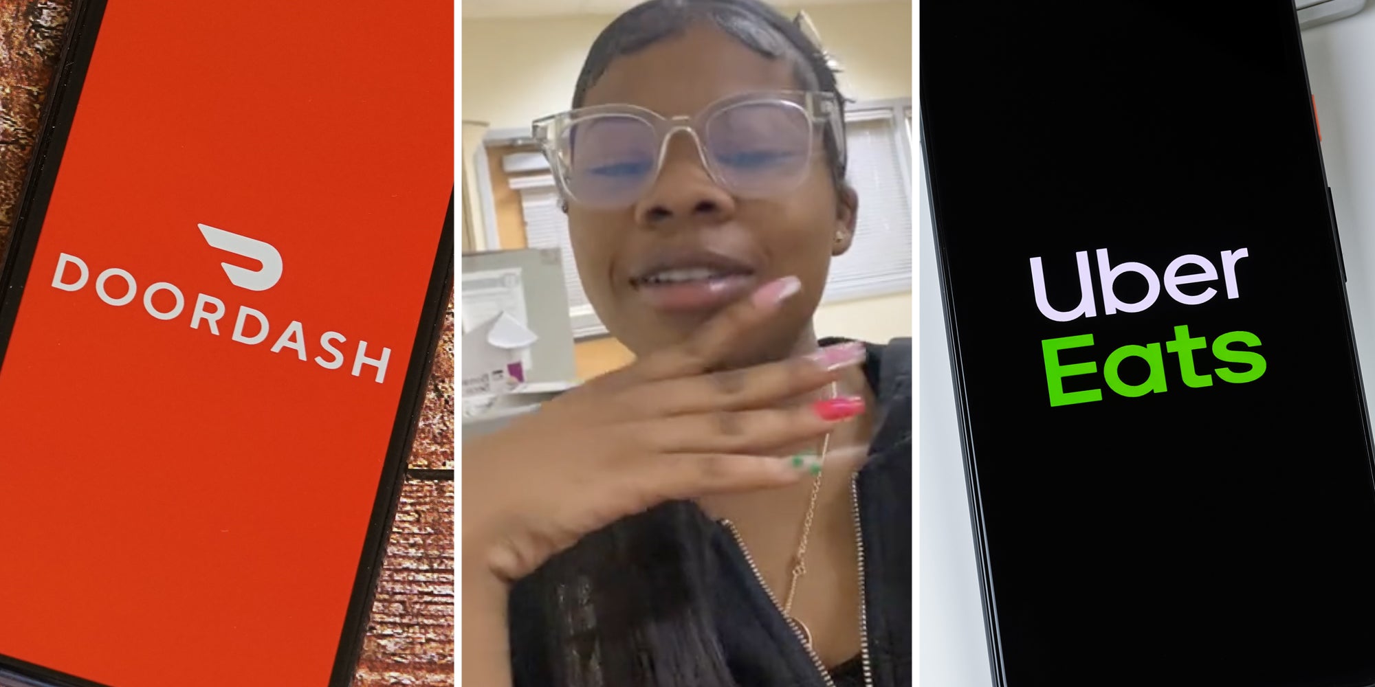 Doordash(l), WOman talking(c), Uber eats(r)