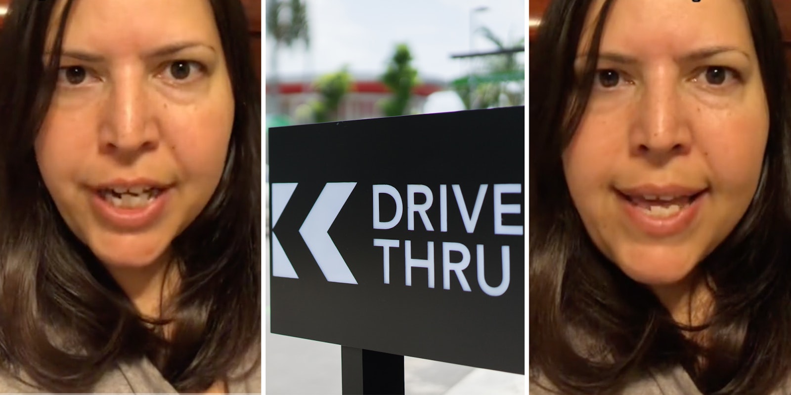 Woman talking(l+r), Drive Thru sign(c)