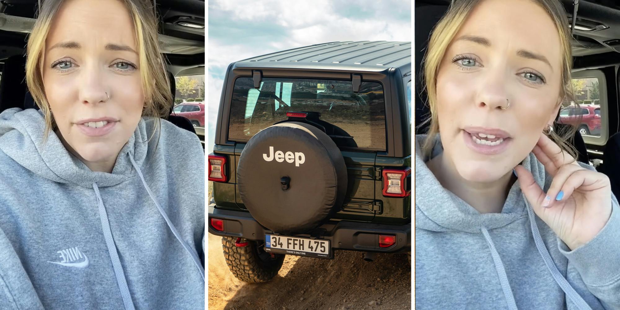 Woman talking(l+r), Jeep(c)