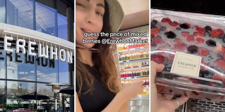Erewhon(l), Woman in grocery(c), Container or berry(r)