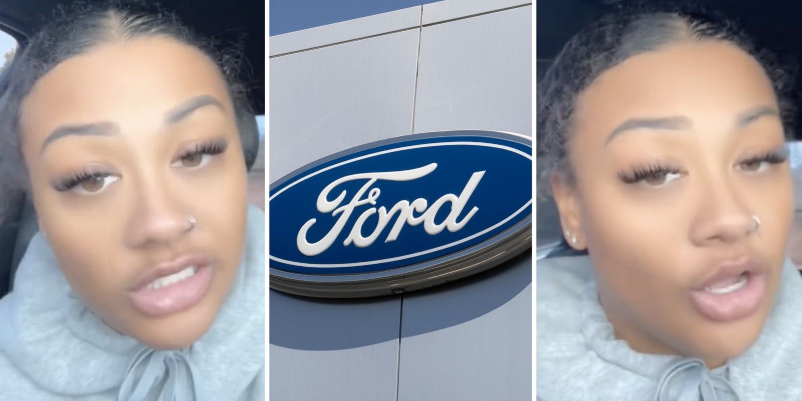 Woman talking(l+r), Ford sign(c)