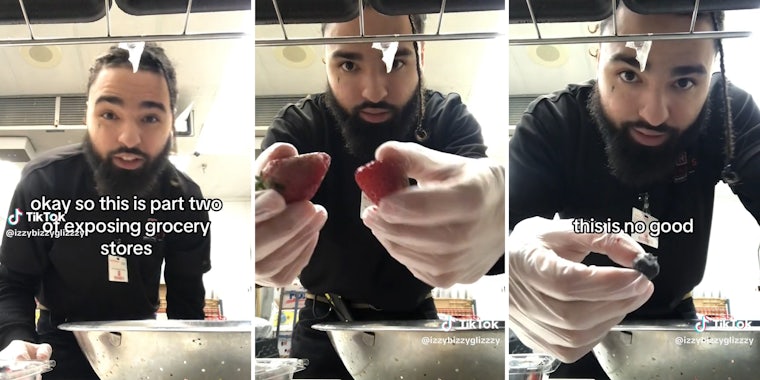 man picking moldy fruit from containers with gloves caption 'okay so this is part two of exposing grocery stores' (l) and 'this is no good' (r)