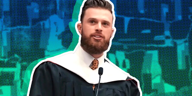 Harrison Butker speech in graduation robe in front of abstract background