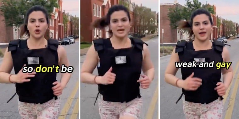 Three split of Valentina Gomez running in a bullet proof vest saying 'don't be weak and gay'