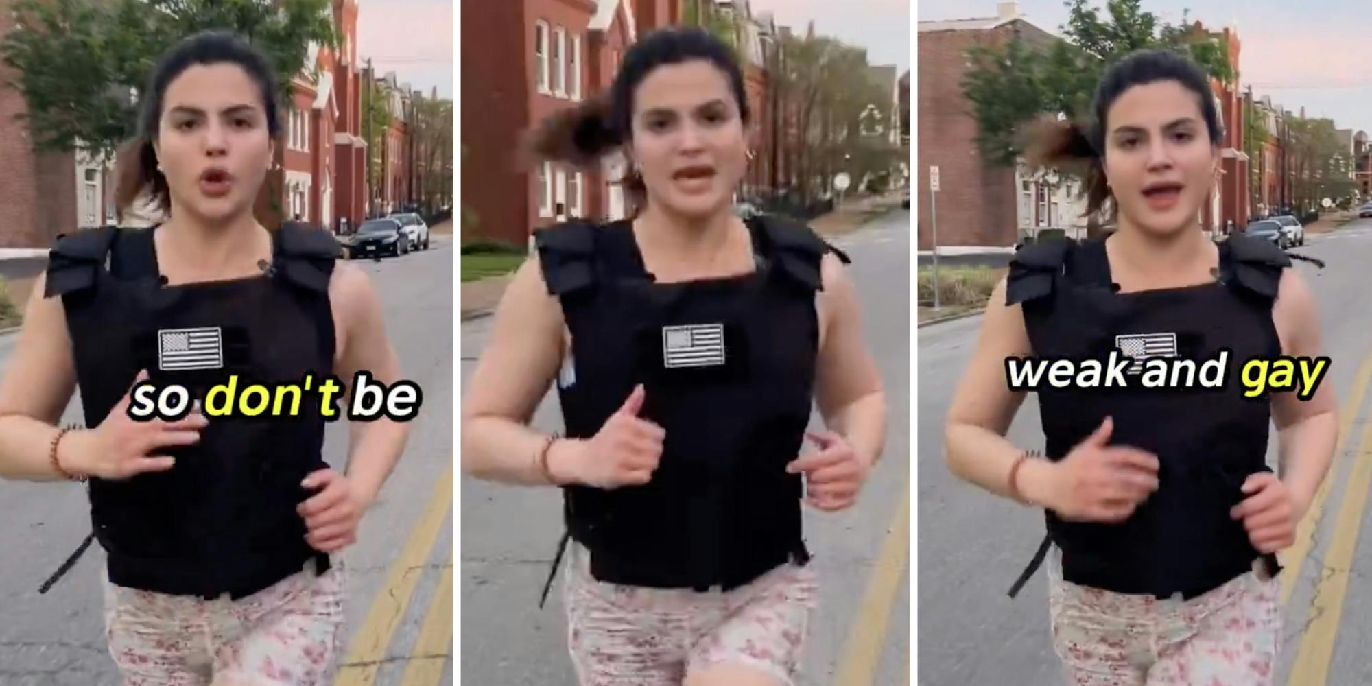 Three split of Valentina Gomez running in a bullet proof vest saying "don't be weak and gay"