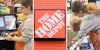 Home Depot worker checking out item(l), Home Depot sign(c), Work putting bagged items in cart(r)