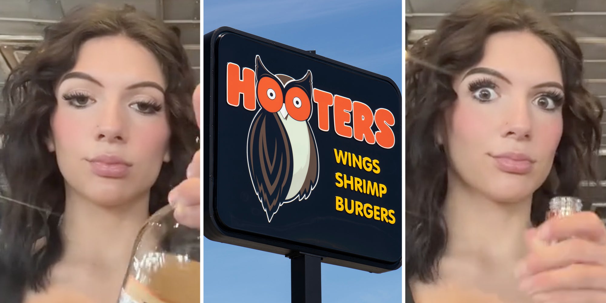 Woman talking(l+r), Hooters sign(c)