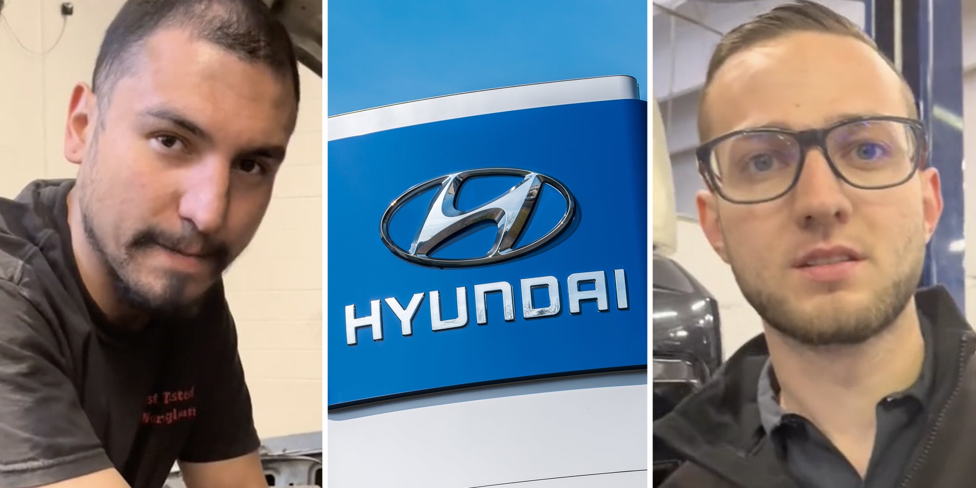 Man 1 talking(l), Hyundai sign(c), Man 2 talking(r)