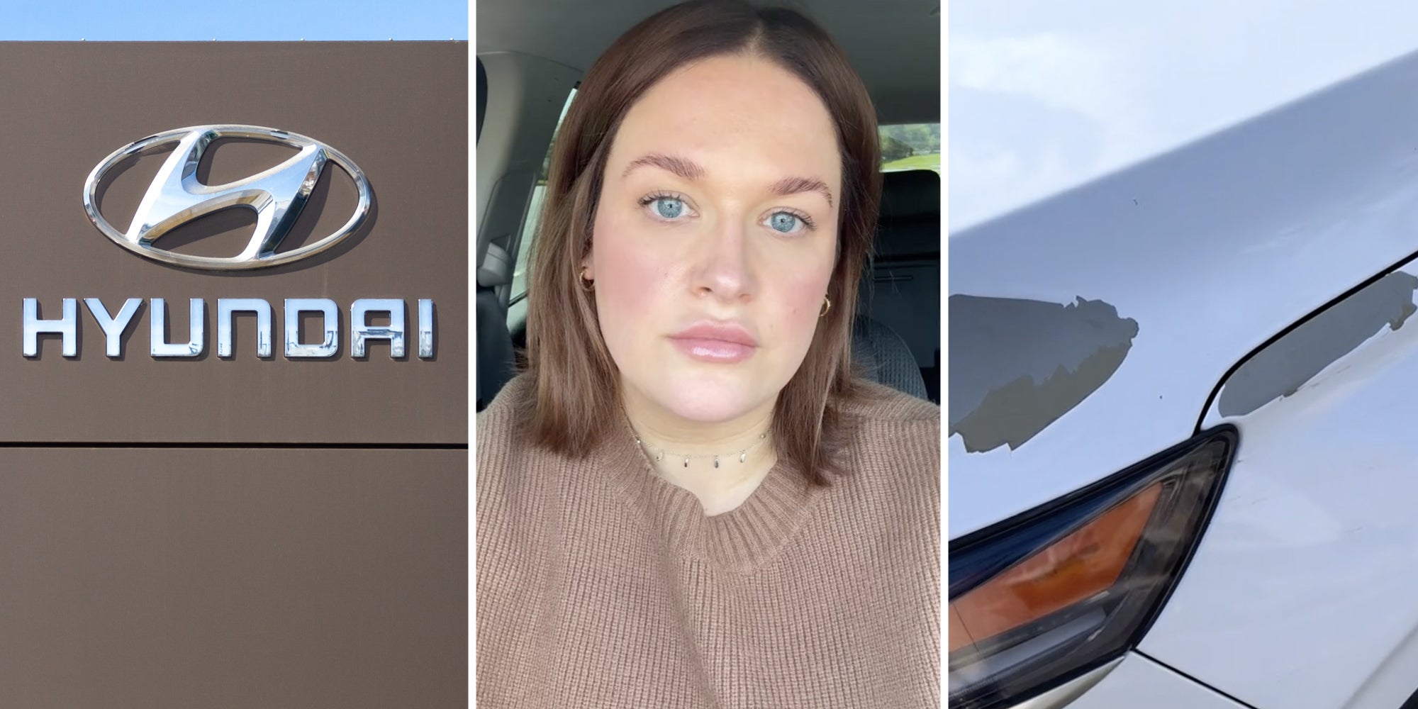 Hyundai sign(l), Woman(c), Peeling paint on car(r)