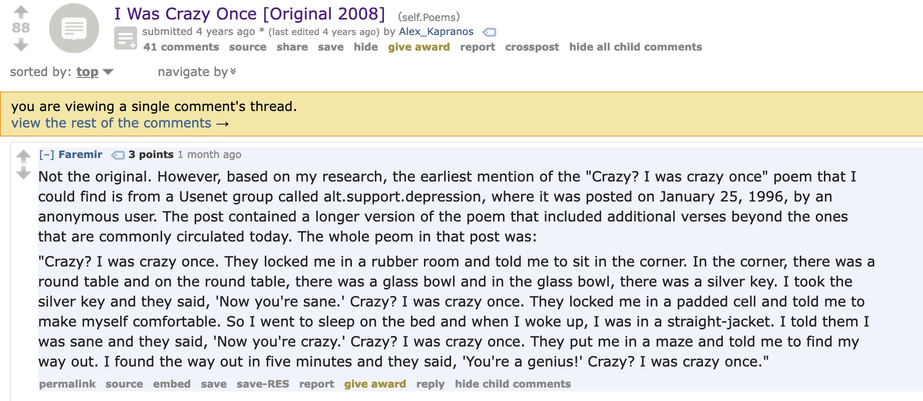 Reddit comment claiming an earlier origin of the I was crazy once meme.