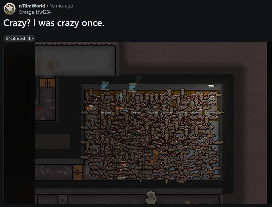 Reddit post 'I was crazy once' meme with a screenshot of a room in a video game full of rats