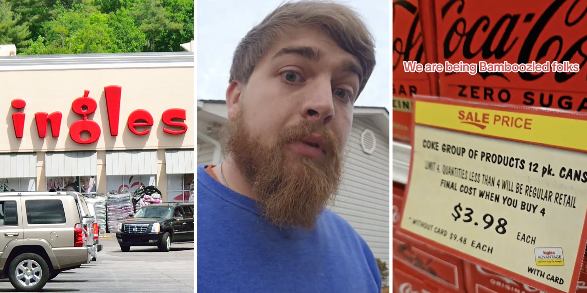 Ingles storefront(l), Man talking(c), Group of Coke boxes(r)