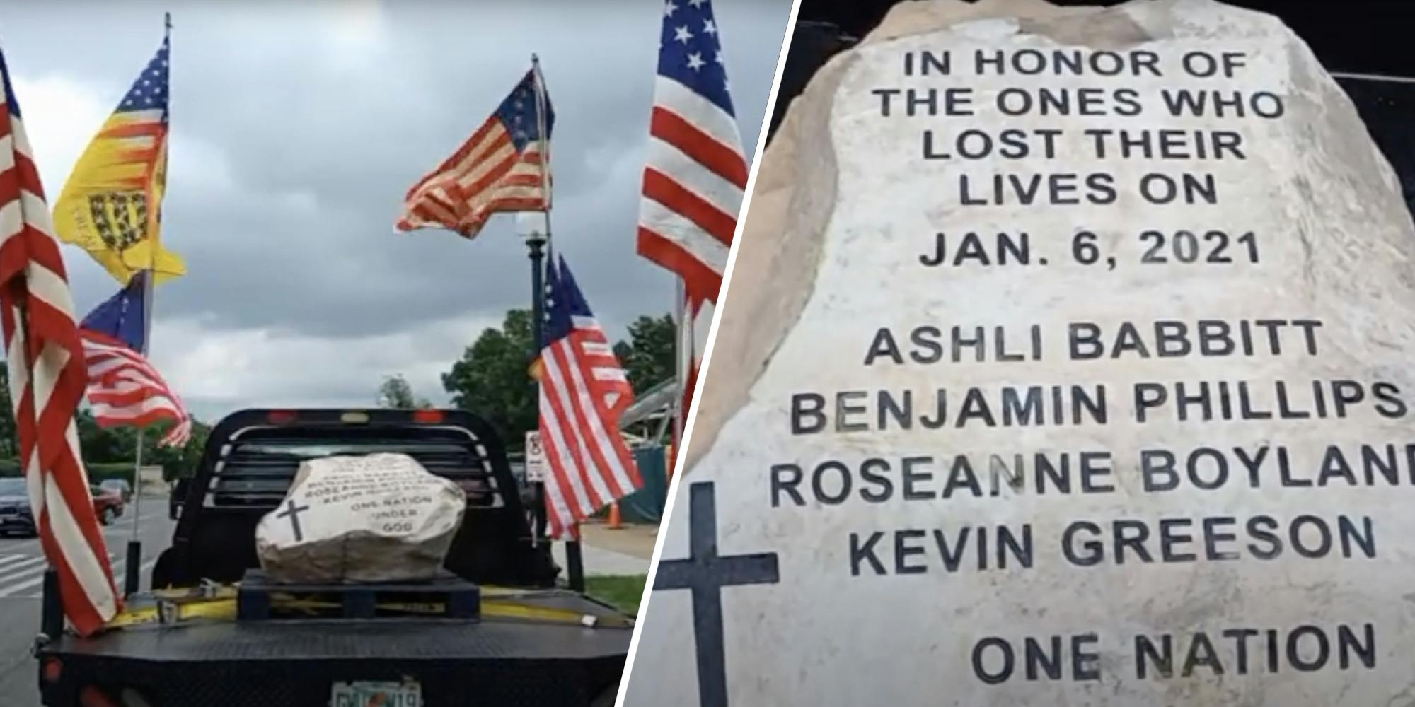 Truck with flags and stone(l), Close up of stone(r)