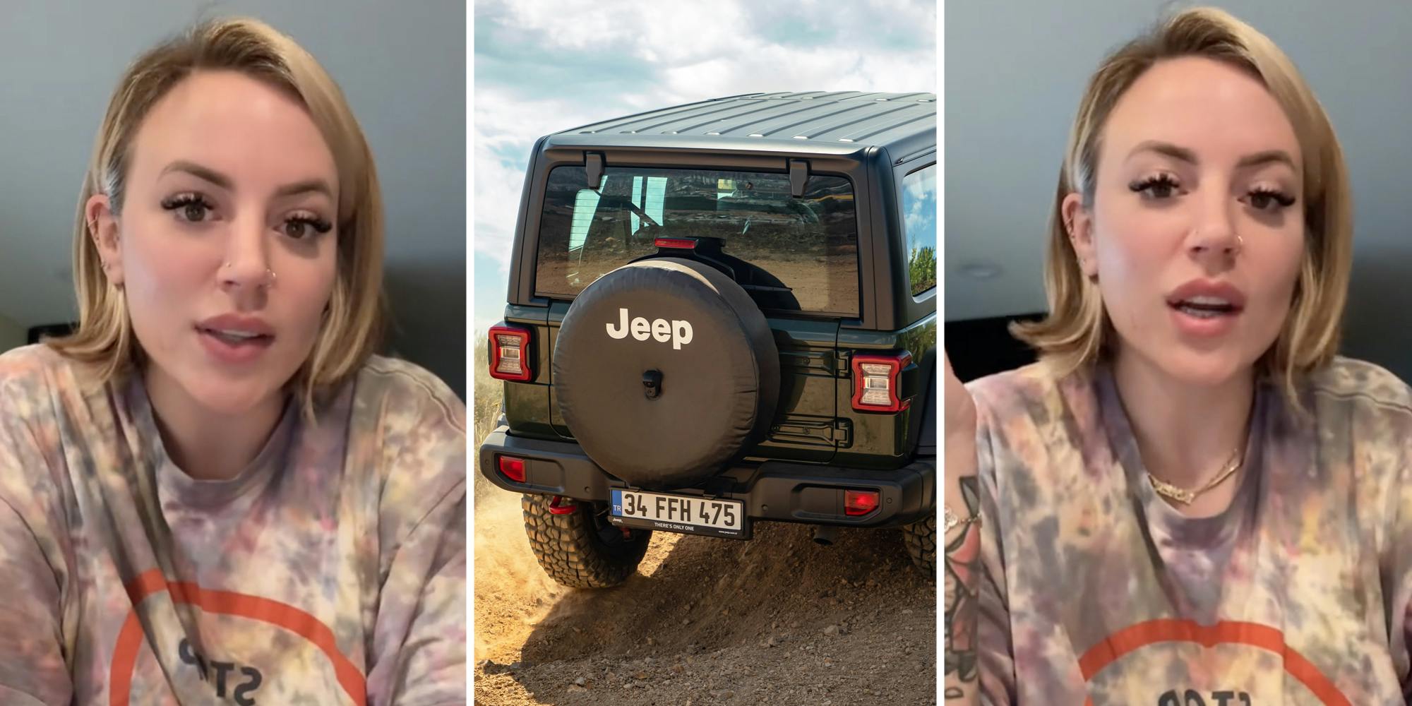 Woman talking(l+r), Jeep Wrangler(c)