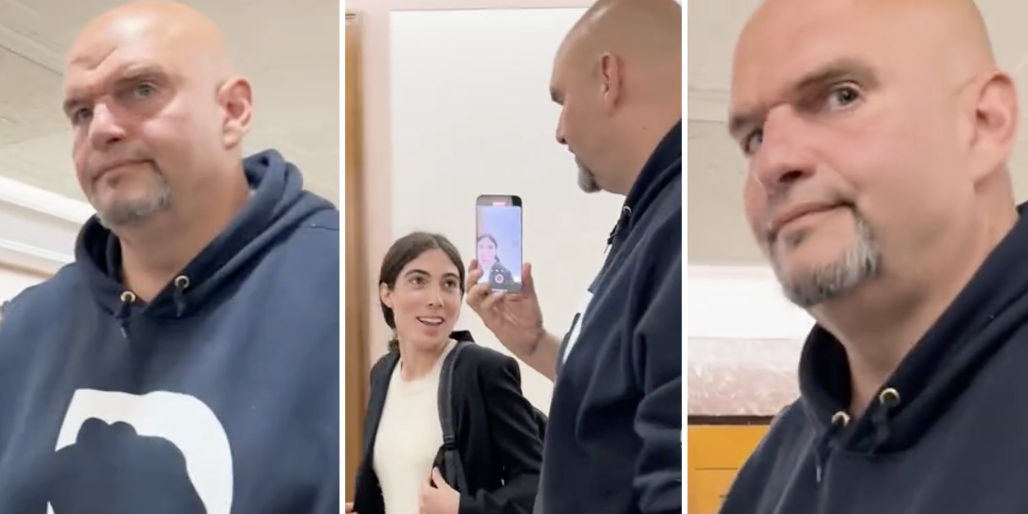 John Fetterman(l+r), John Fetterman filming woman talking(c)
