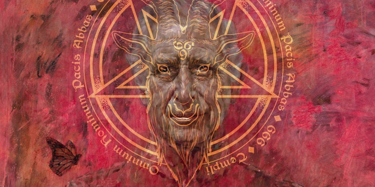 Baphomet demon goat head illustration over King Charles portrait