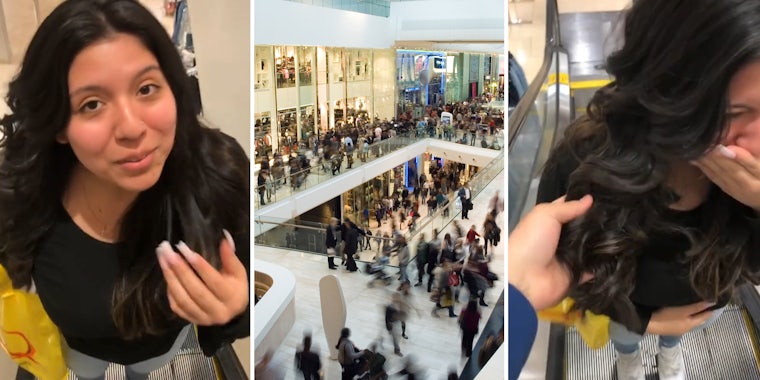 Mall shopper stops at beauty kiosk to test curling iron