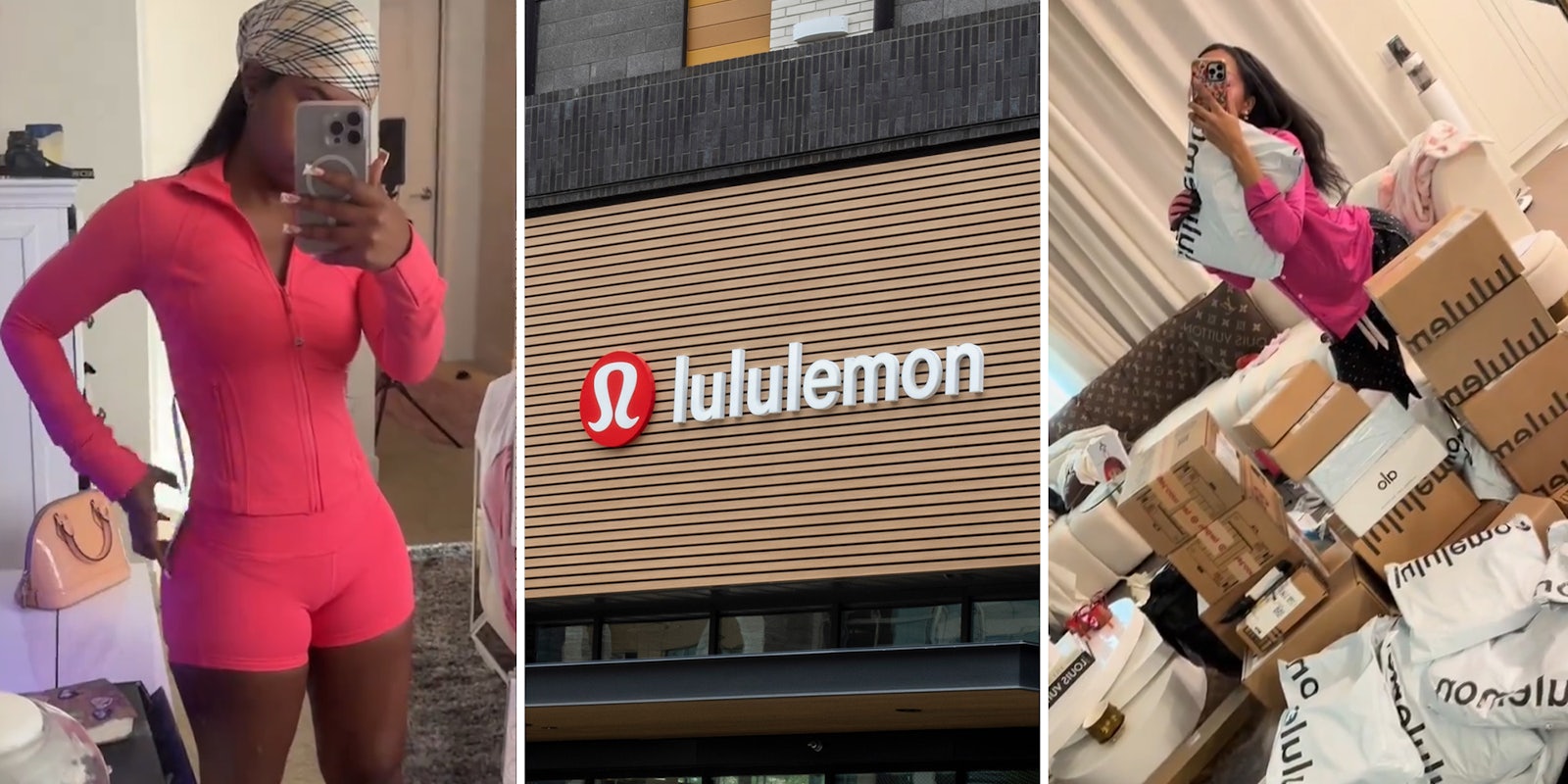 influencer wearing pink lululemon outfit;lululemon logo store front; influencer surrounded by lululemon packaging and boxes