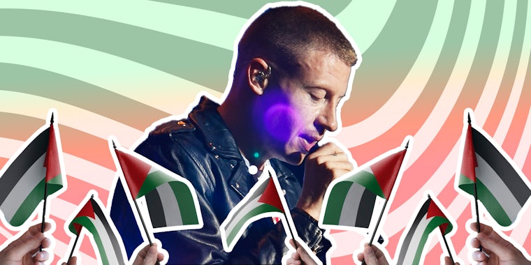 Macklemore over palestine flags and graphic background