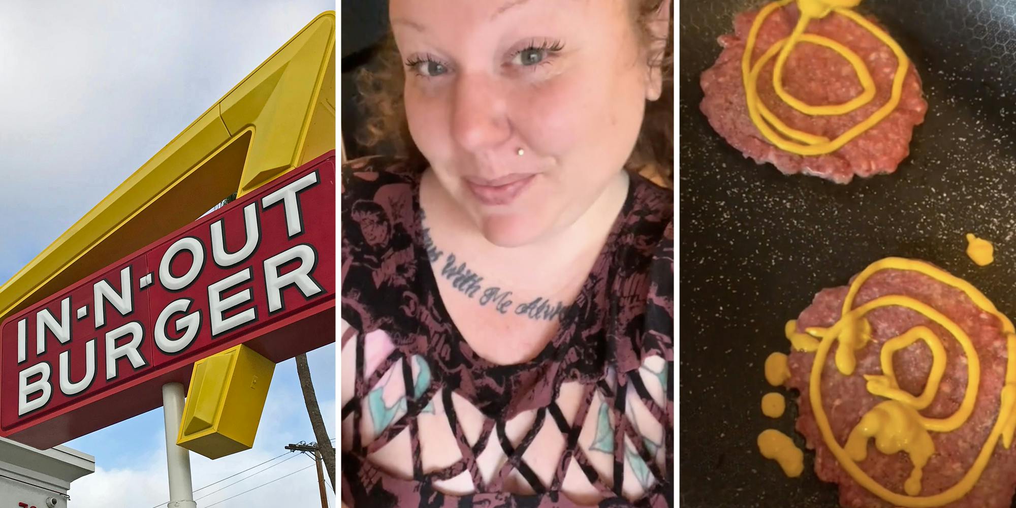 In-n-out Burger sign(l), Woman smiling(c), Burgers with mustard(r)