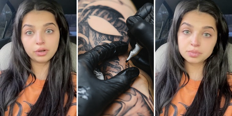 Woman talking(l+r), Gloved hands tattooing arm(c)