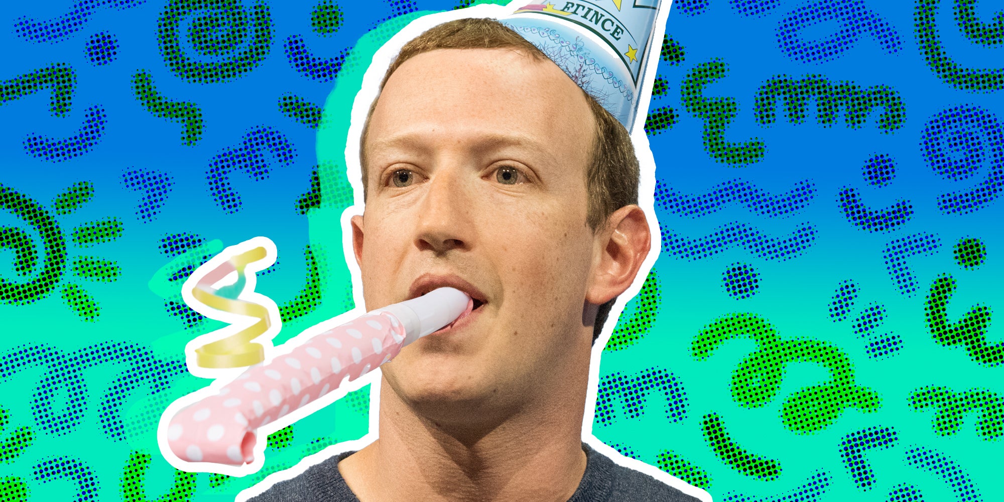 Mark Zuckerberg with a party hat and blower with abstract background