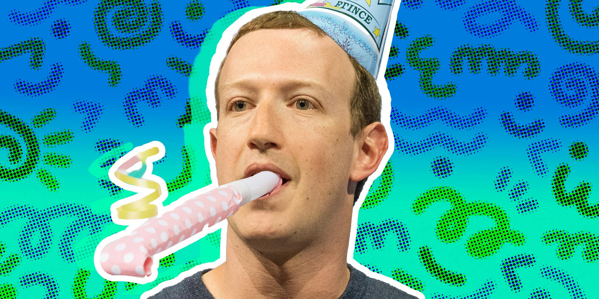 Mark Zuckerberg with a party hat and blower with abstract background