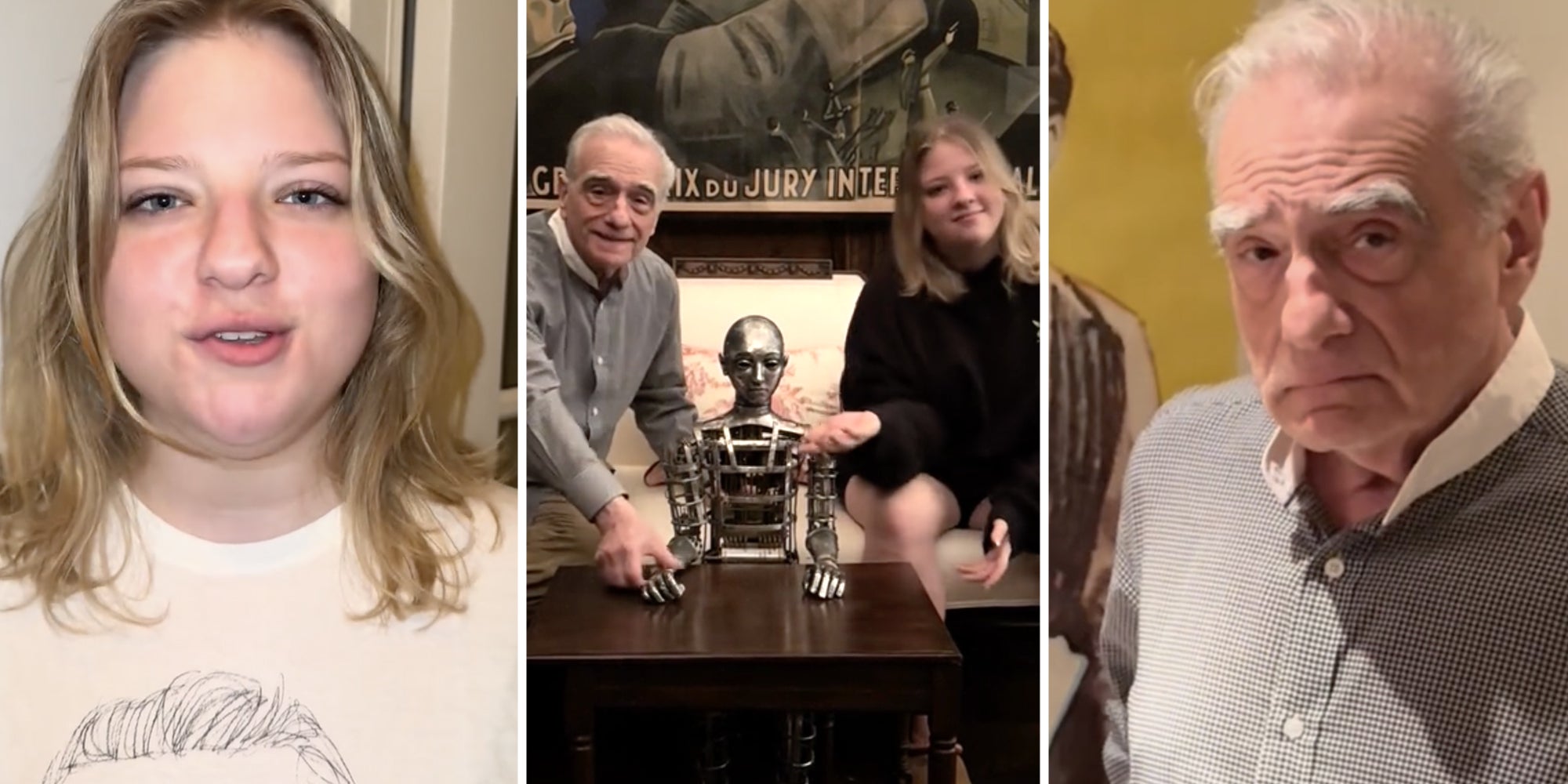 Martin Scorsese's daughter(l), Martin and his daughter posing with statue(c), Martin Scorsese(r)