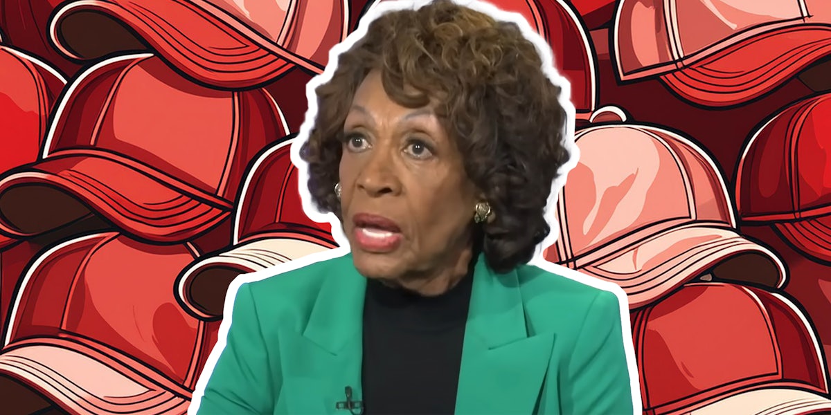 Maxine Waters in front of red baseball caps