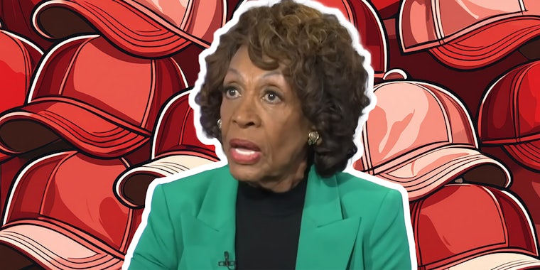 Maxine Waters in front of red baseball caps