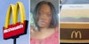 McDonald's sign(l), Woman staring at camera(c), Big Mac box(r)