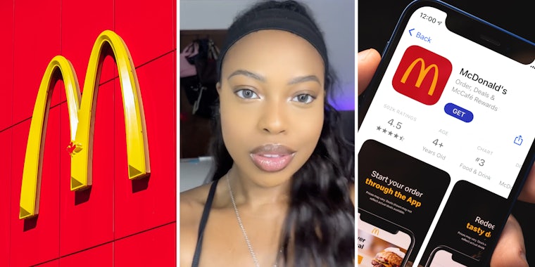 McDonald's logo(l), Woman talking(c), McDonald's app(r)