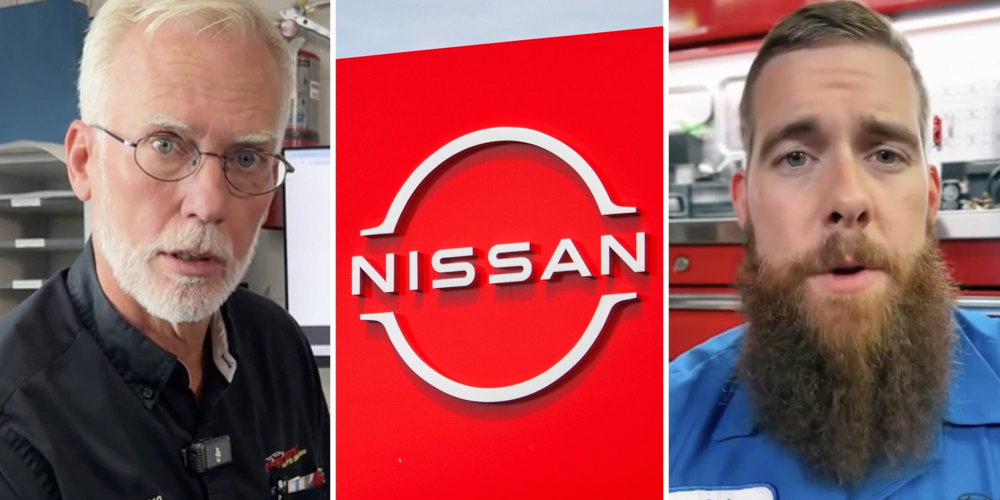 Man one talking(l), Nissan sign(c), Man two talking(r)