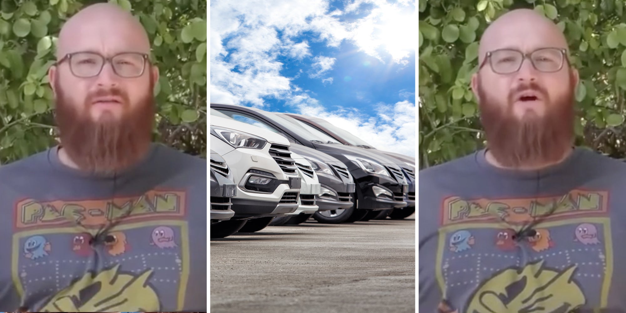 Man talking(L+r), Row of cars(C)