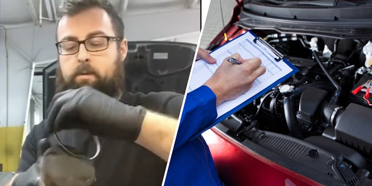 Man talking(l), Mechanic check documents in from of open front hood(r)
