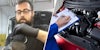 Man talking(l), Mechanic check documents in from of open front hood(r)