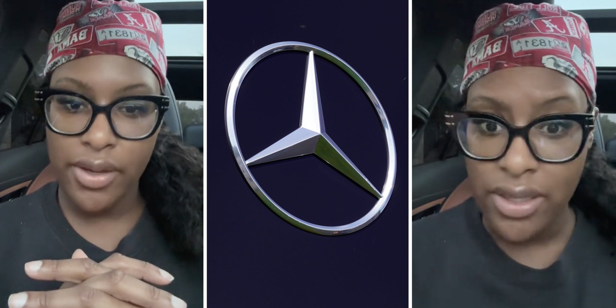 Woman talking(l+r), Mercedes Benz Logo(c)