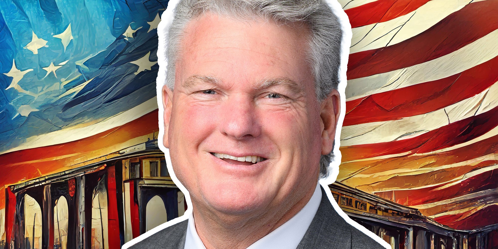 Mike Collins in front of american flag illsutration