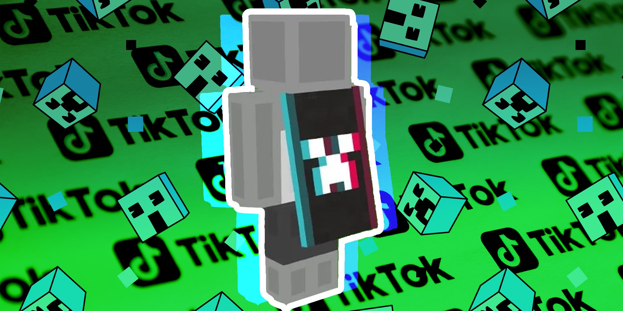 Minecraft tiktok cape and tiktok and minecraft logos in the background