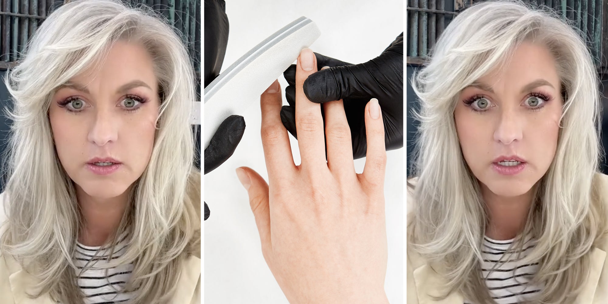 Woman talking(L+r), Gloved hands filing nails of hand(c)