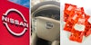 Nissan sign(l), NIssan steering wheel(c), Taco Bell Hot sauce packets(r)