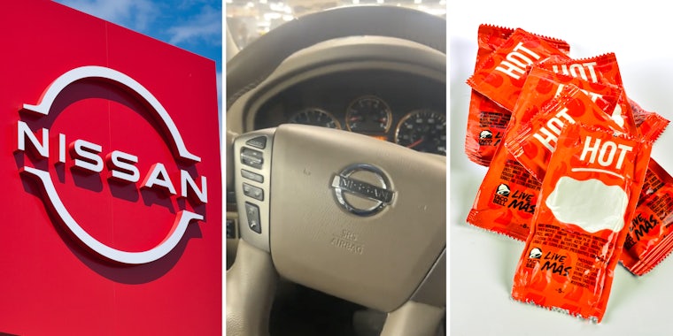 Nissan sign(l), NIssan steering wheel(c), Taco Bell Hot sauce packets(r)
