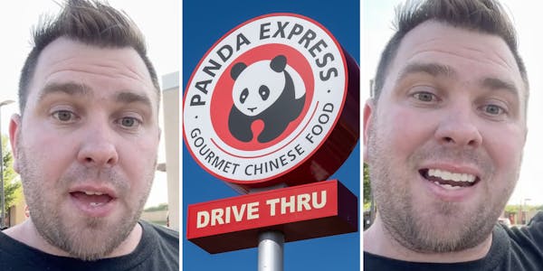 Man talking (l+r), Panda Express sign(c)