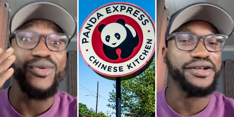 Man talking(l+r), Panda Express sign(c)