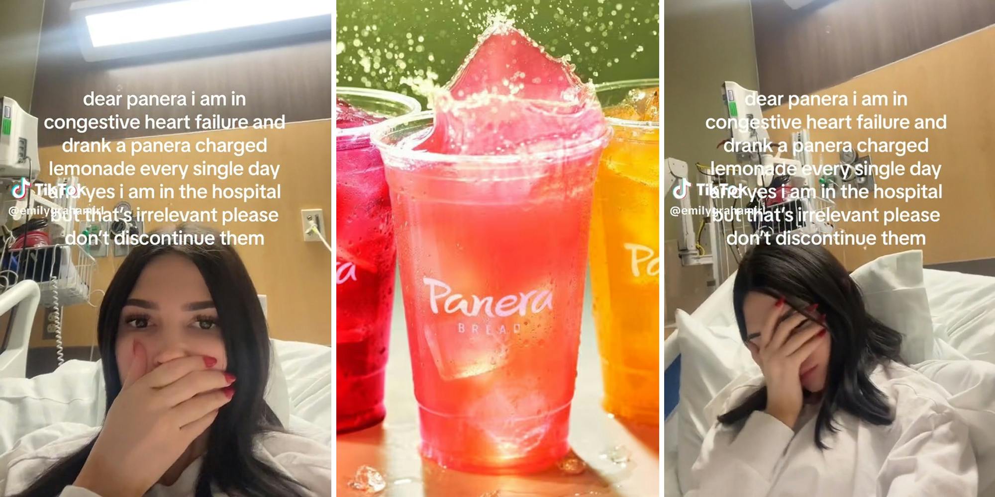 young woman in hospital bed (l&r) panera lemonade (c)