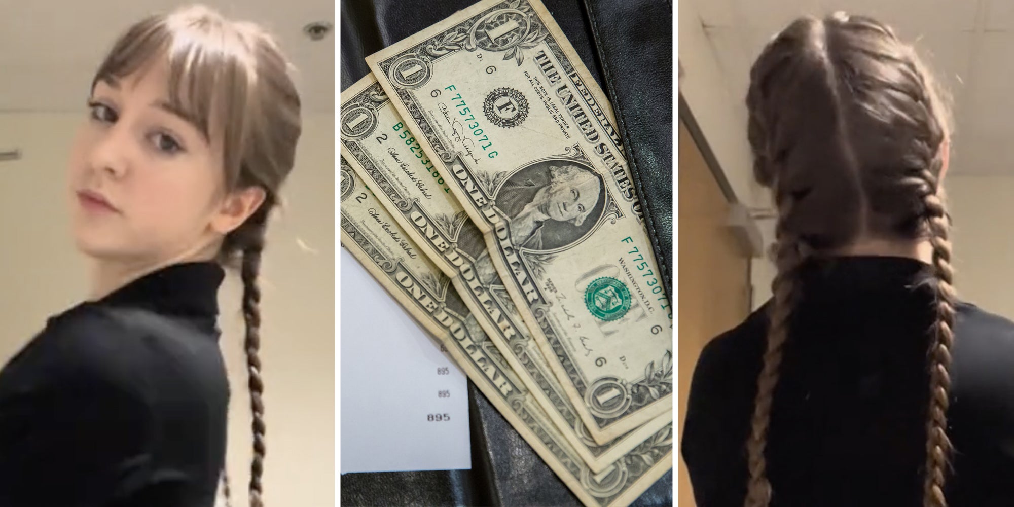 Woman showing off pigtails(l+r), Dollar bills left as tip(c)