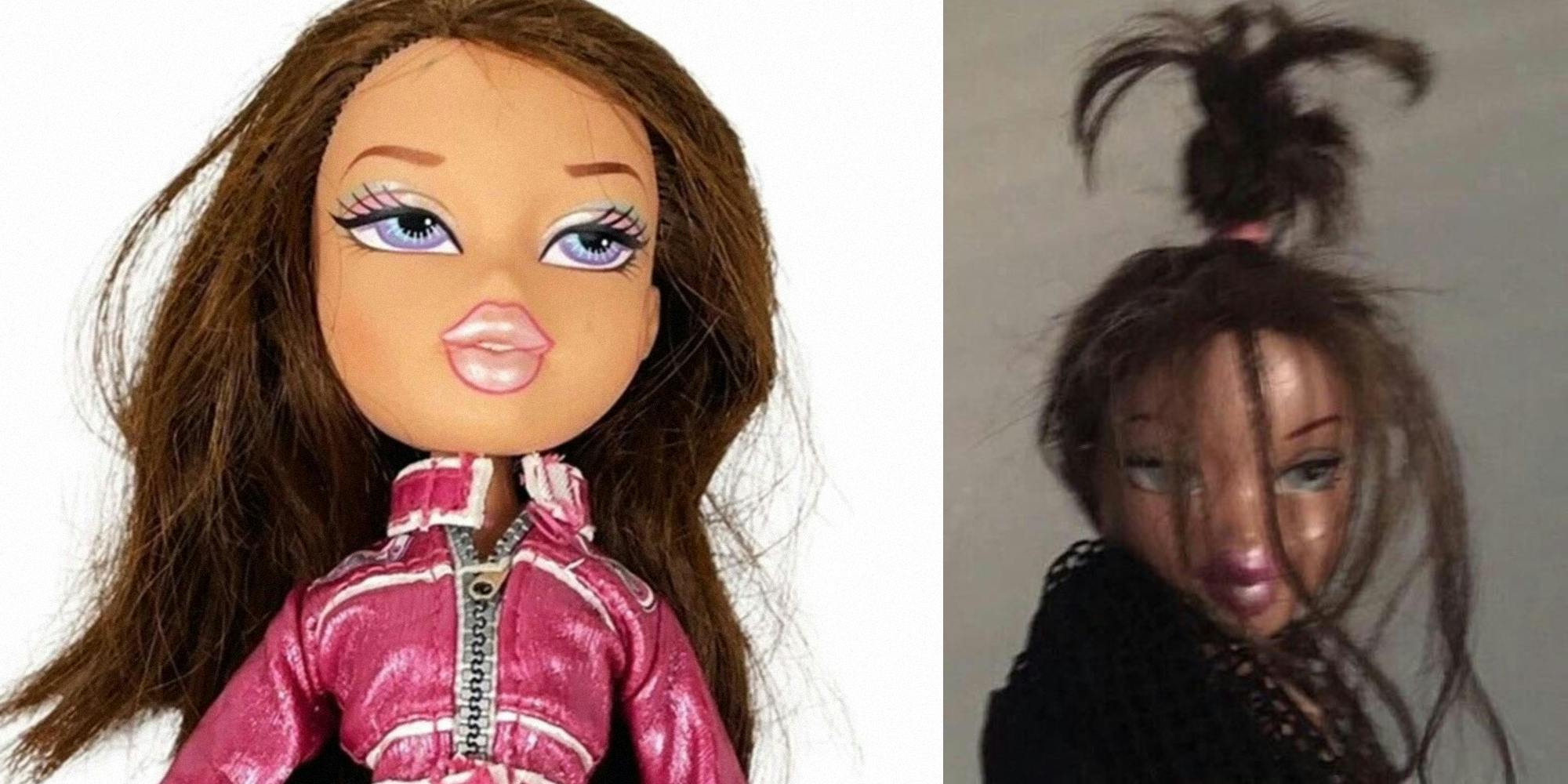 Bratz doll as advertised (l) Bratz doll with hair pulled up into topknot (r)
