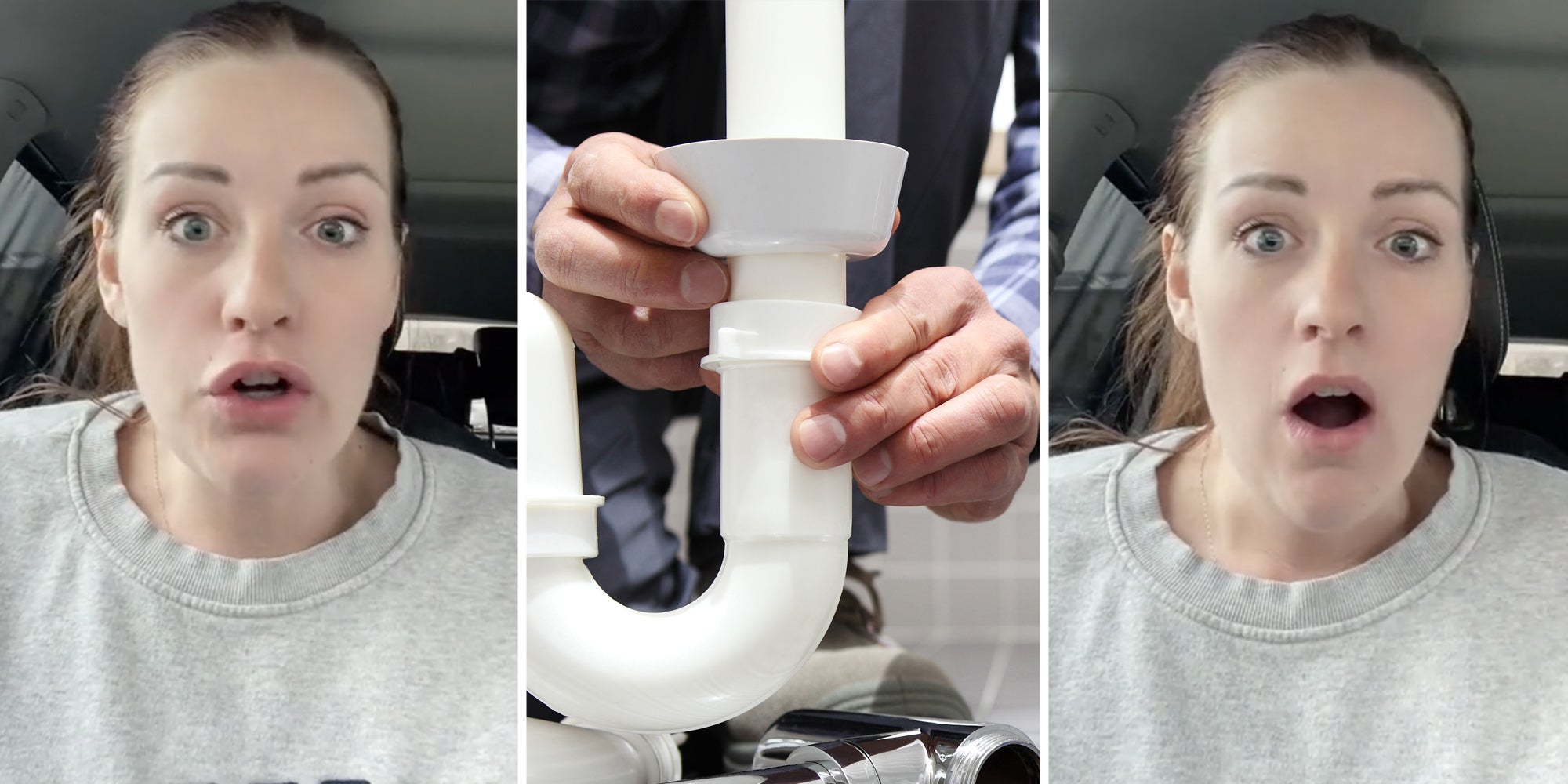 Woman talking(L+r), Plumber fixing pipes(c)