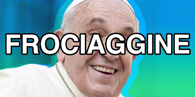 The pope smiling with the word 'frociaggine' written over top