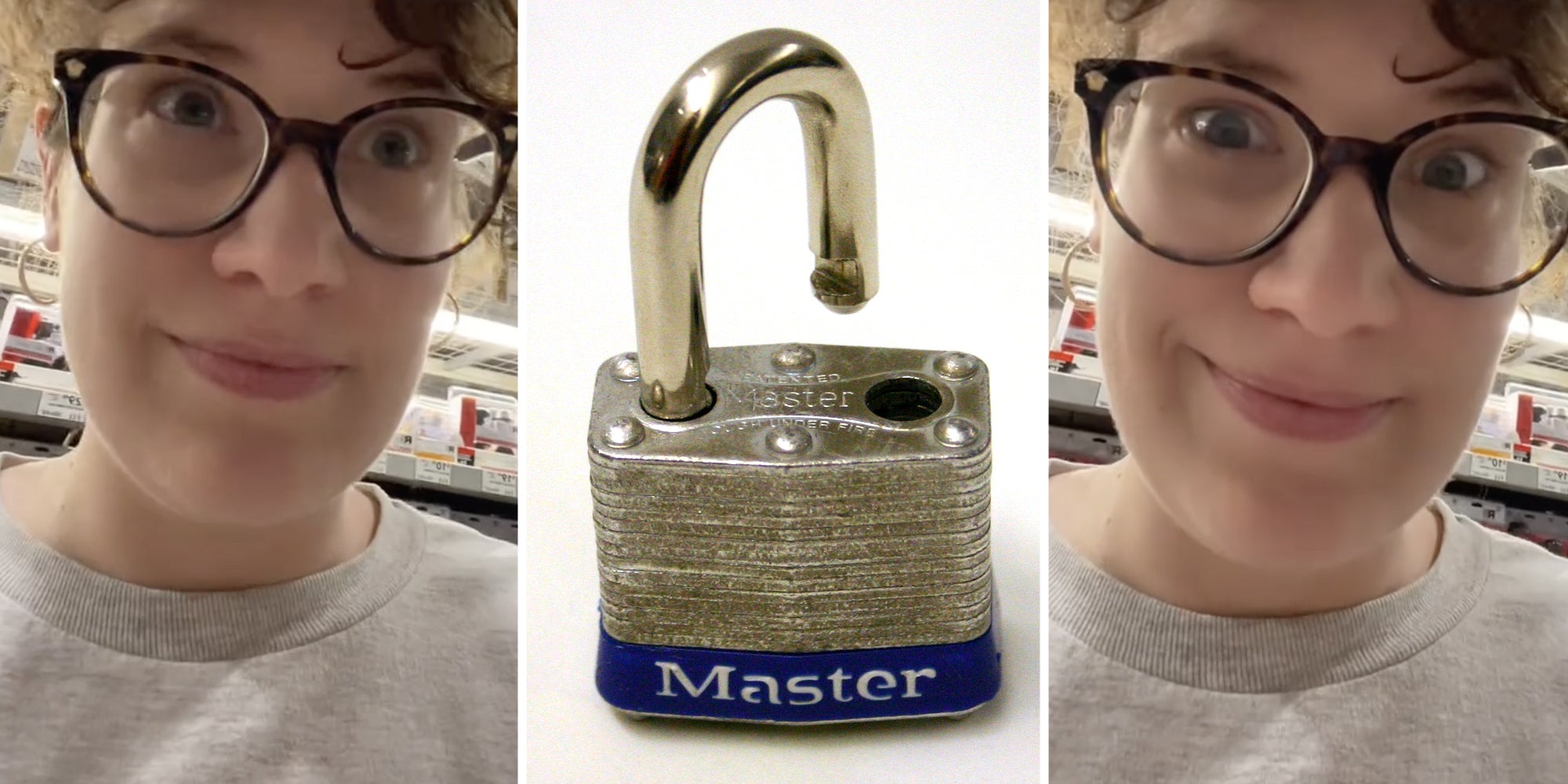 Woman smiling(l+R), Masterlock(c)